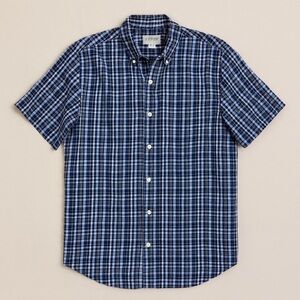 J.Crew Short-Sleeve Plaid Button-Up Shirt Blue White 100% Cotton Size L